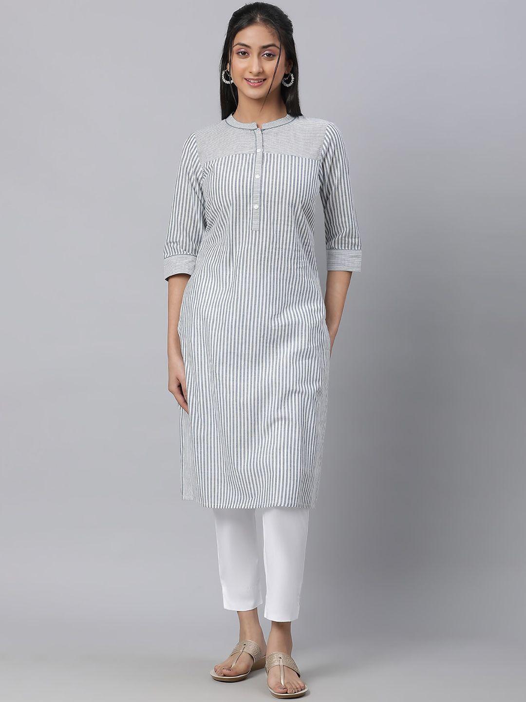 aurelia women grey striped thread work kurta