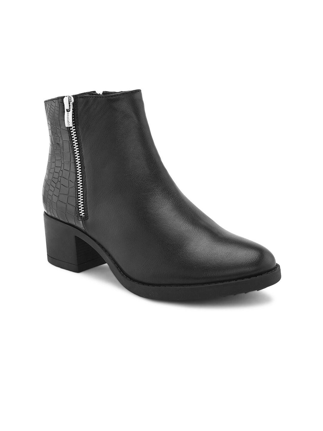 dressberry women black textured heeled mid-top regular boots