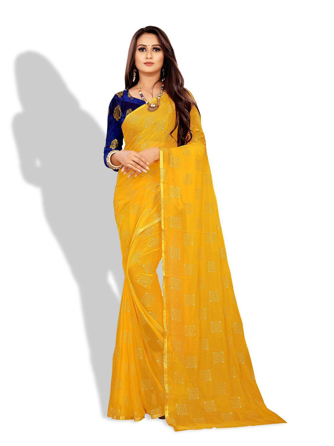 rhey yellow & gold-toned ethnic motifs zari poly chiffon banarasi saree