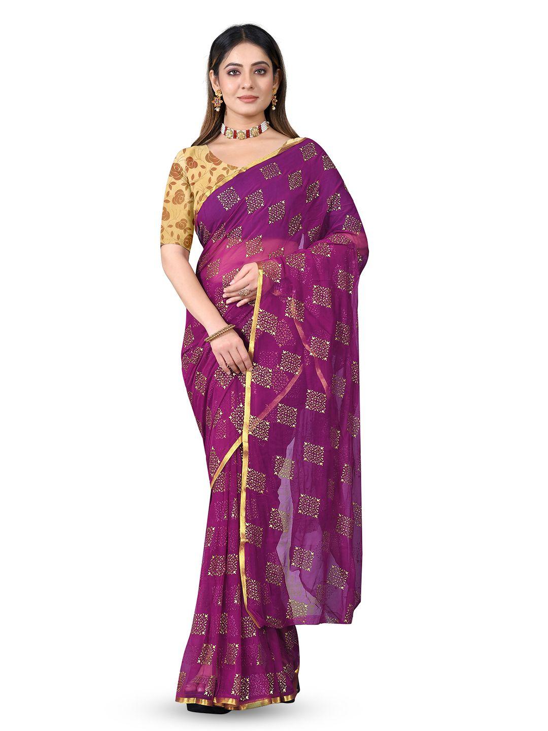 rhey purple & gold-toned ethnic motifs zari poly chiffon banarasi saree