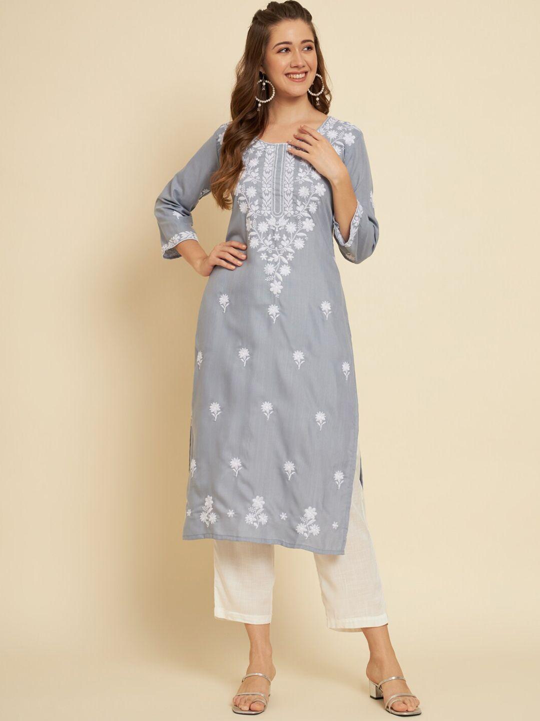 here&now women grey printed keyhole neck flared sleeves thread work kurta