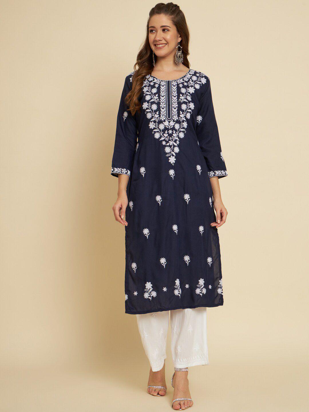 here&now women navy blue geometric keyhole neck flared sleeves mirror work anarkali kurta