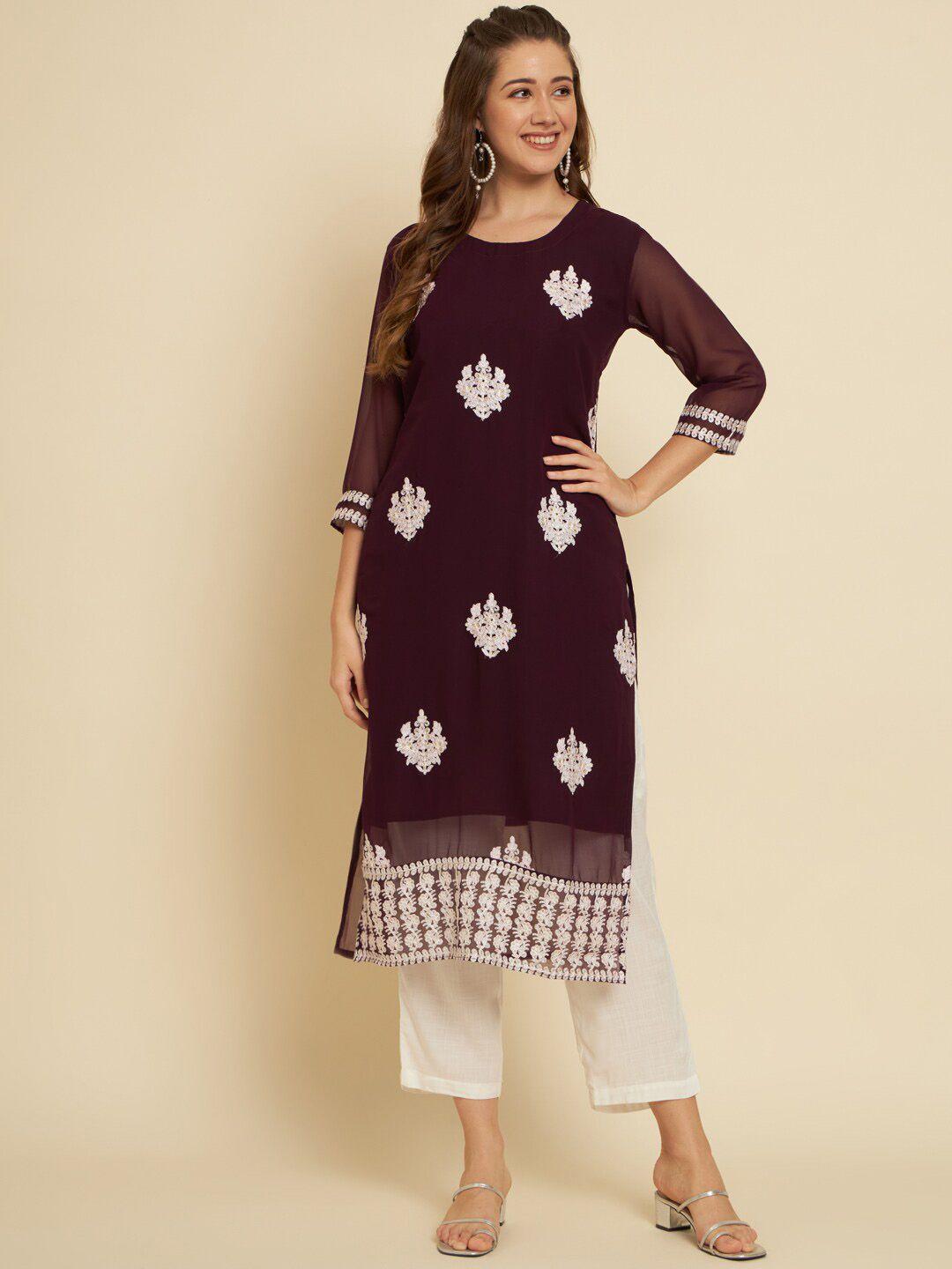 here&now women purple ethnic motifs embroidered keyhole neck flared sleeves chikankari georgette kurta