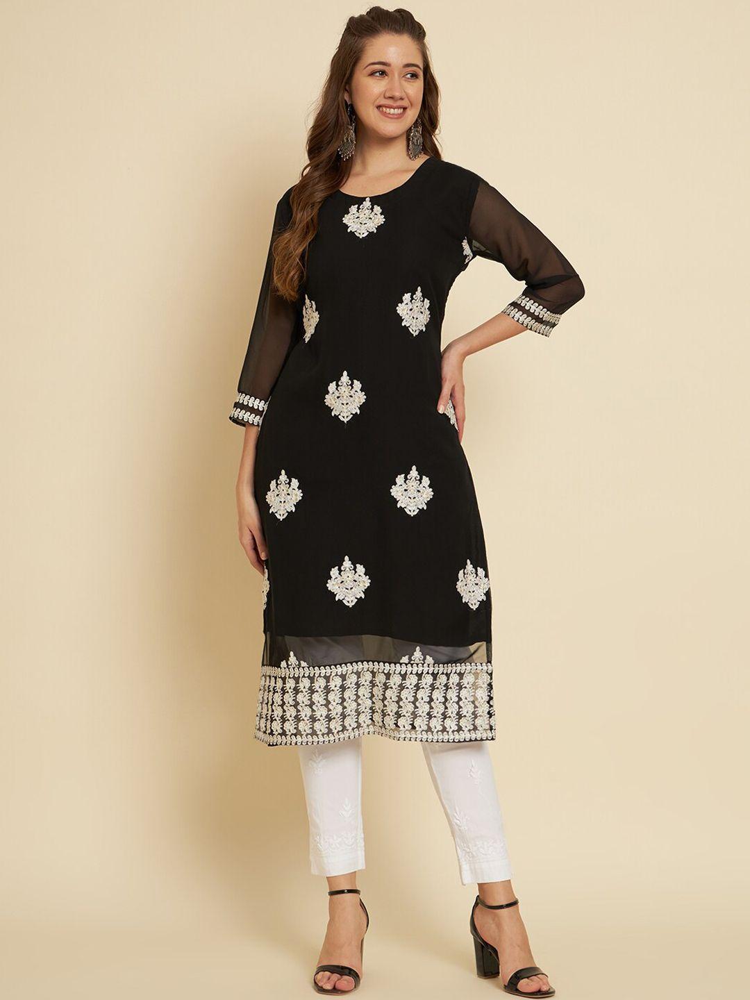 here&now women black geometric embroidered keyhole neck flared sleeves thread work georgette kurta