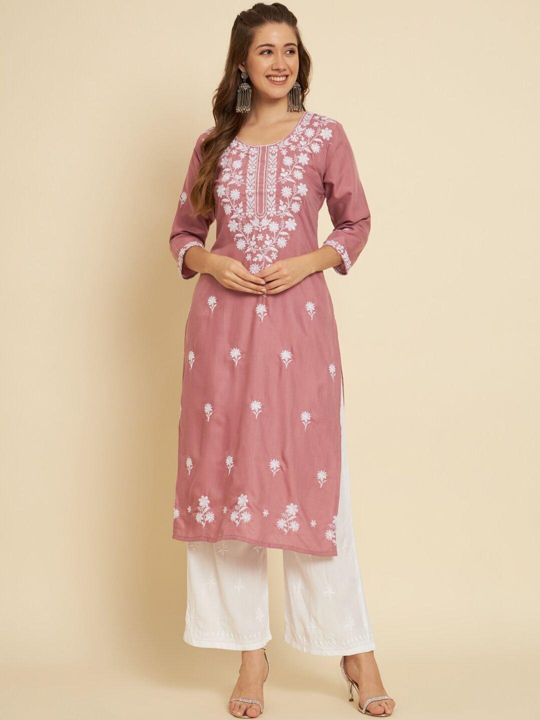 here&now women mauve ethnic motifs embroidered chikankari kurta