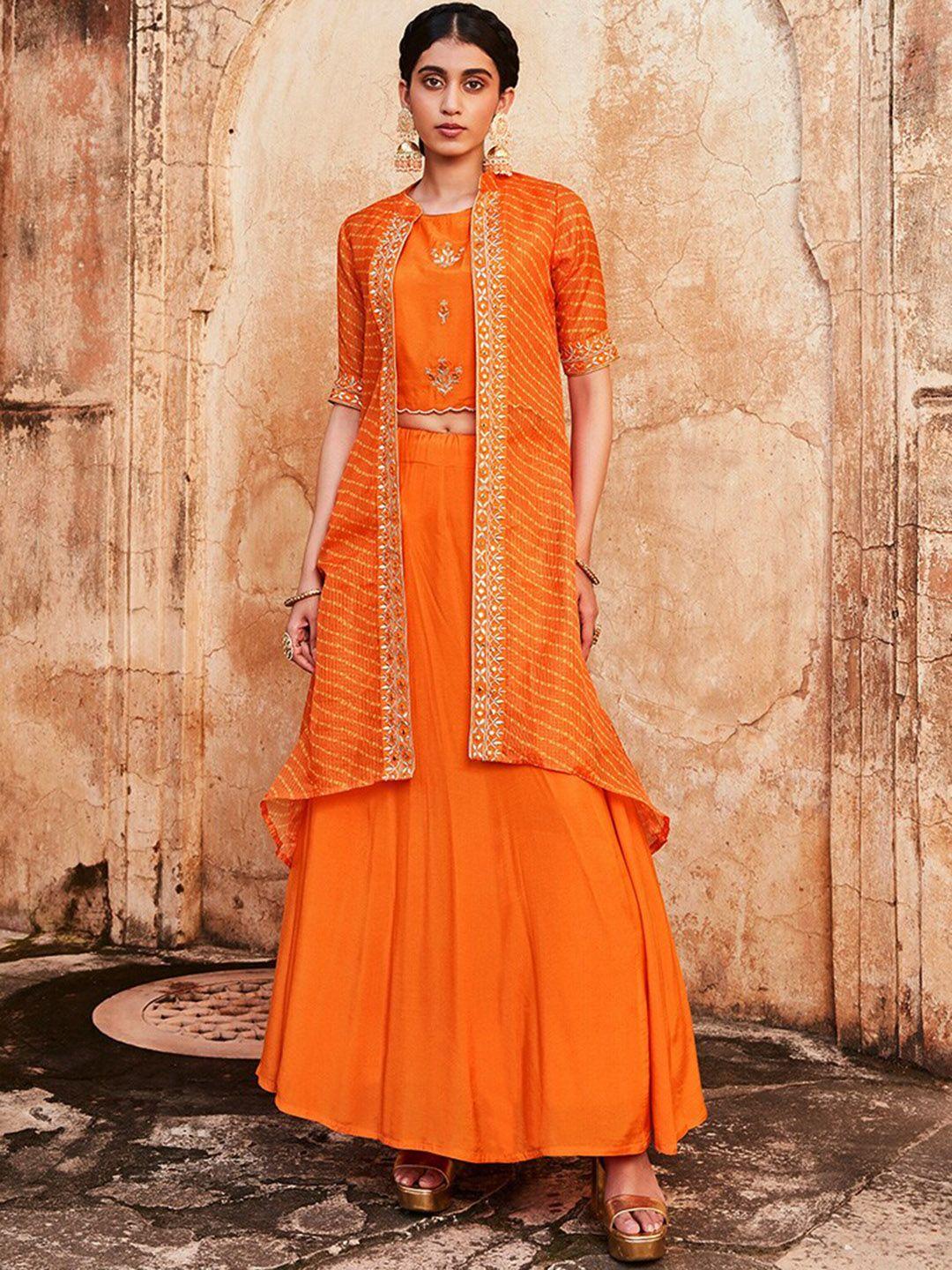 jaipur kurti orange & gold-toned embroidered mirror work top with skirt & shrug