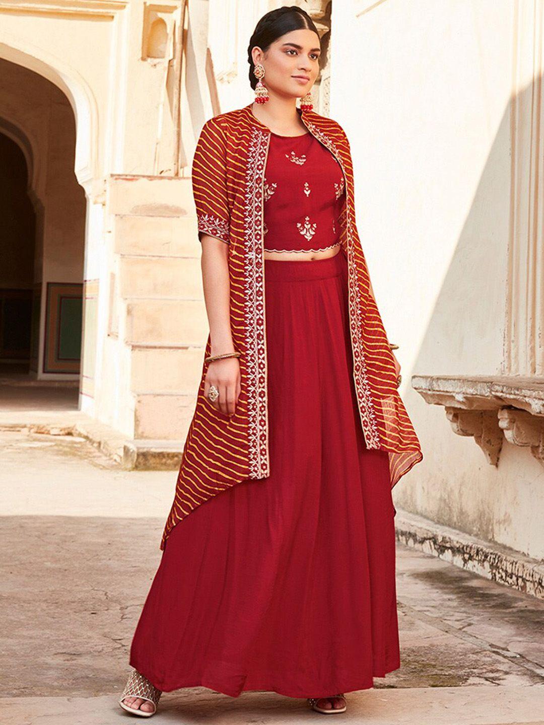 jaipur kurti embroidered top & skirt with printed shrug