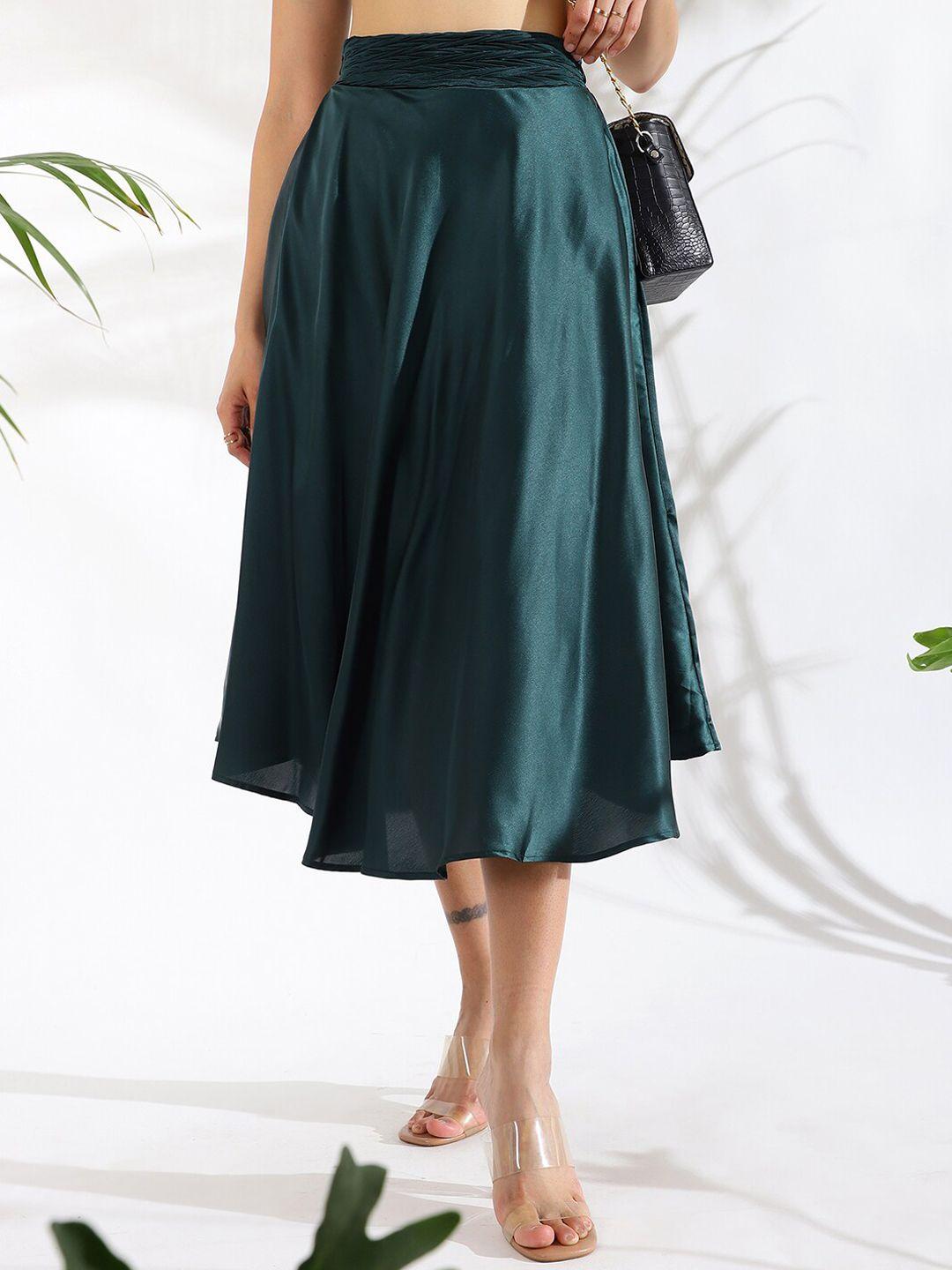 kassually green a-line satin midi skirts