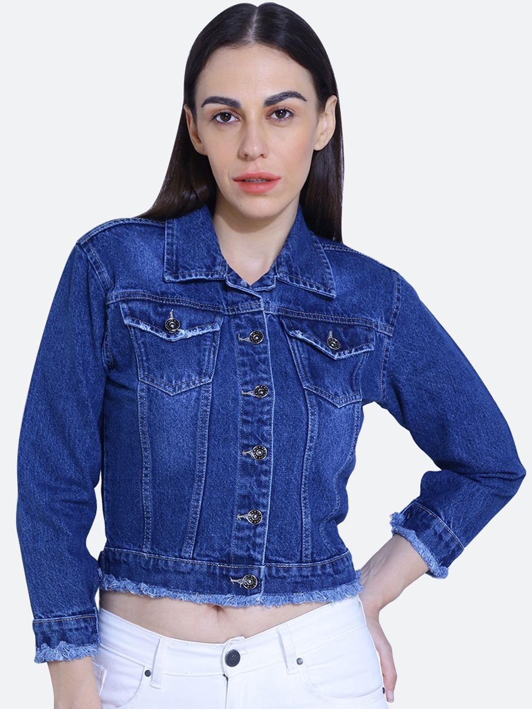 fck-3 women blue washed crop denim jacket