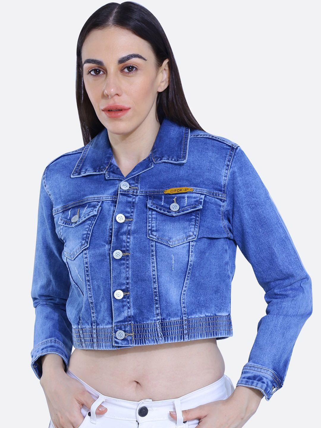 fck-3 women blue washed crop denim jacket with embroidered