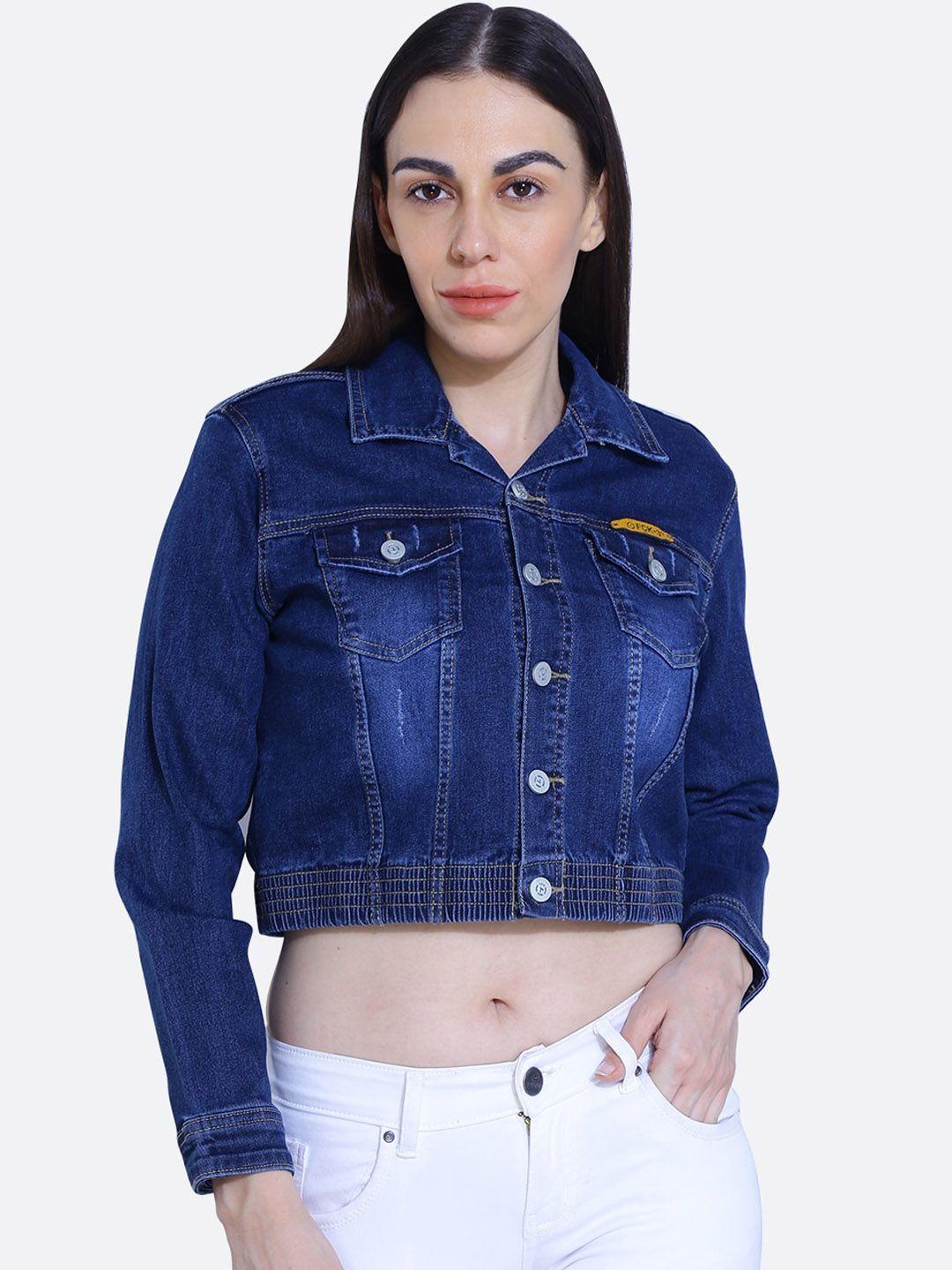 fck-3 women blue washed crop denim jacket with embroidered