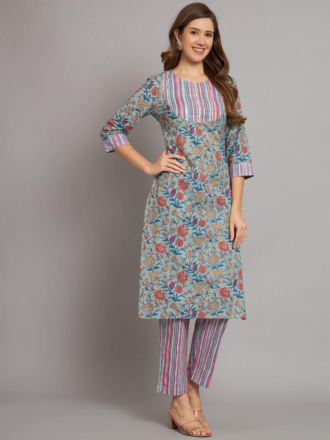 sutidora women blue ethnic motifs printed regular pure cotton kurta with trousers & with dupatta