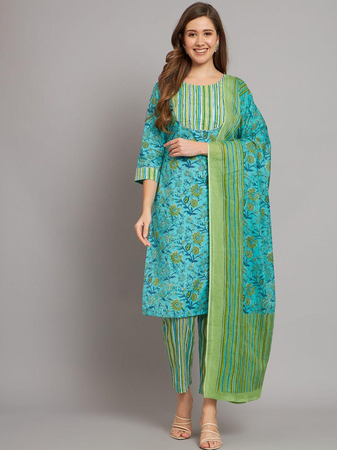 sutidora women turquoise blue ethnic motifs regular pure cotton kurta with trousers & with dupatta