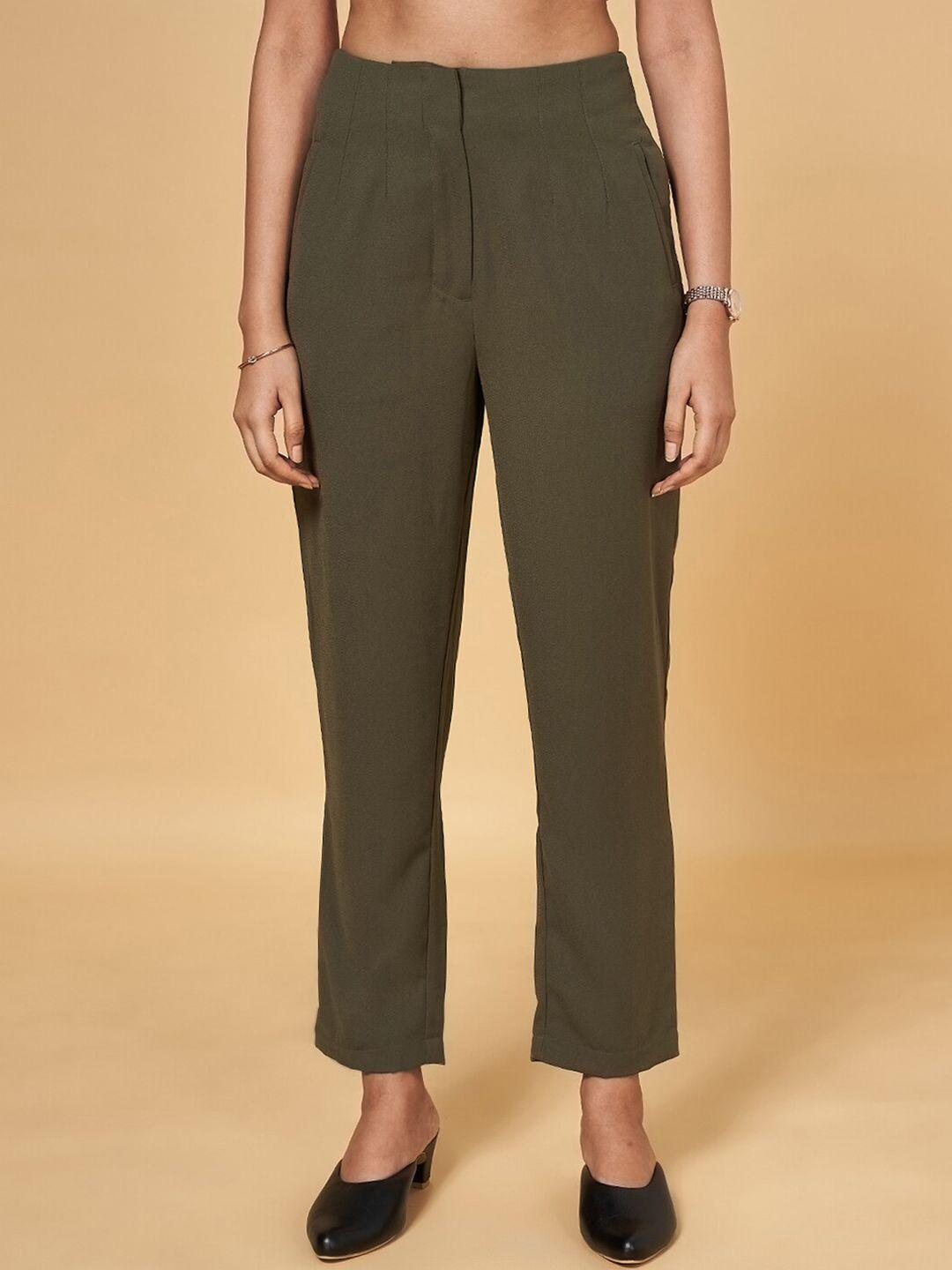 annabelle by pantaloons women olive green tapered fit high-rise trousers