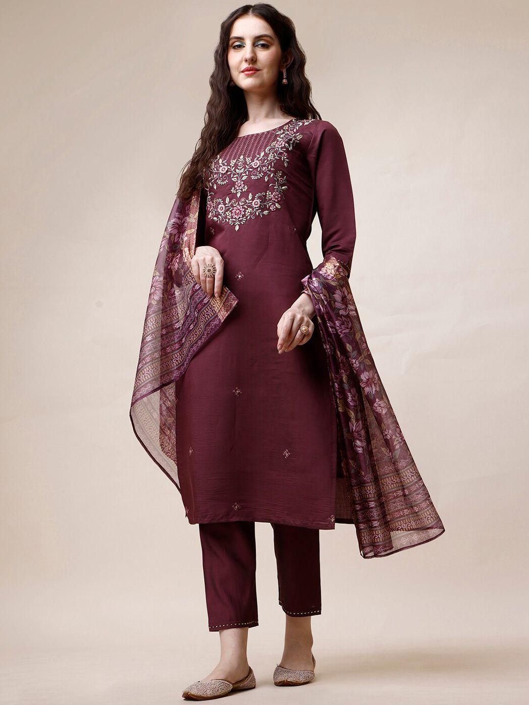 berrylicious ethnic motifs embroidered chanderi cotton kurta with trousers & dupatta