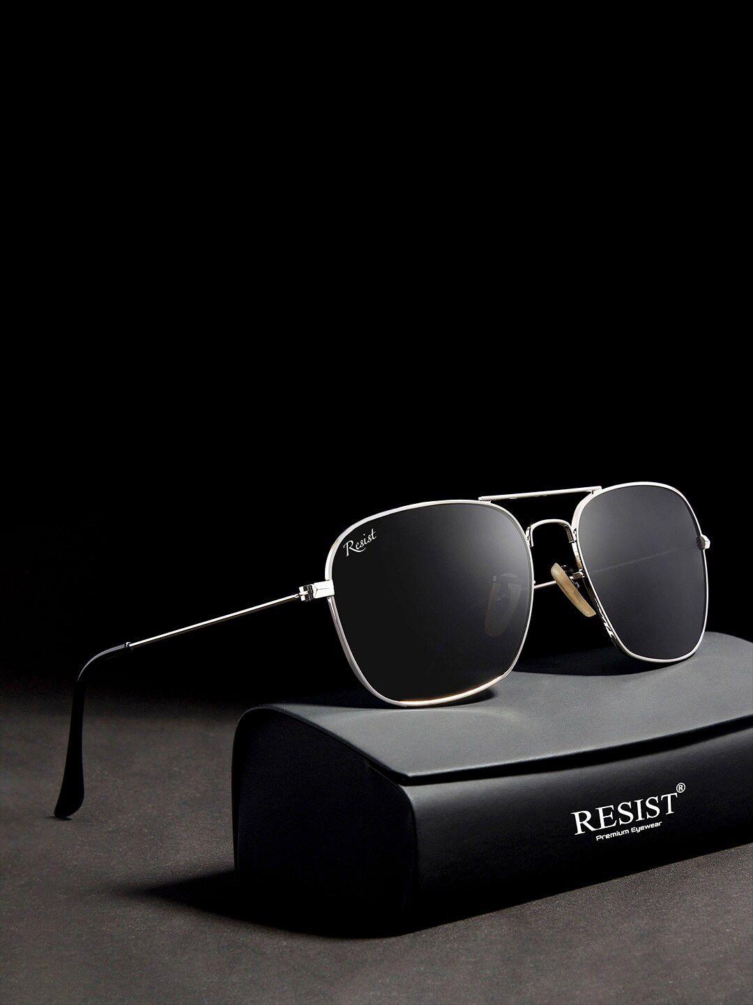 resist eyewear unisex black lens & silver-toned square sunglasses with uv protected lens