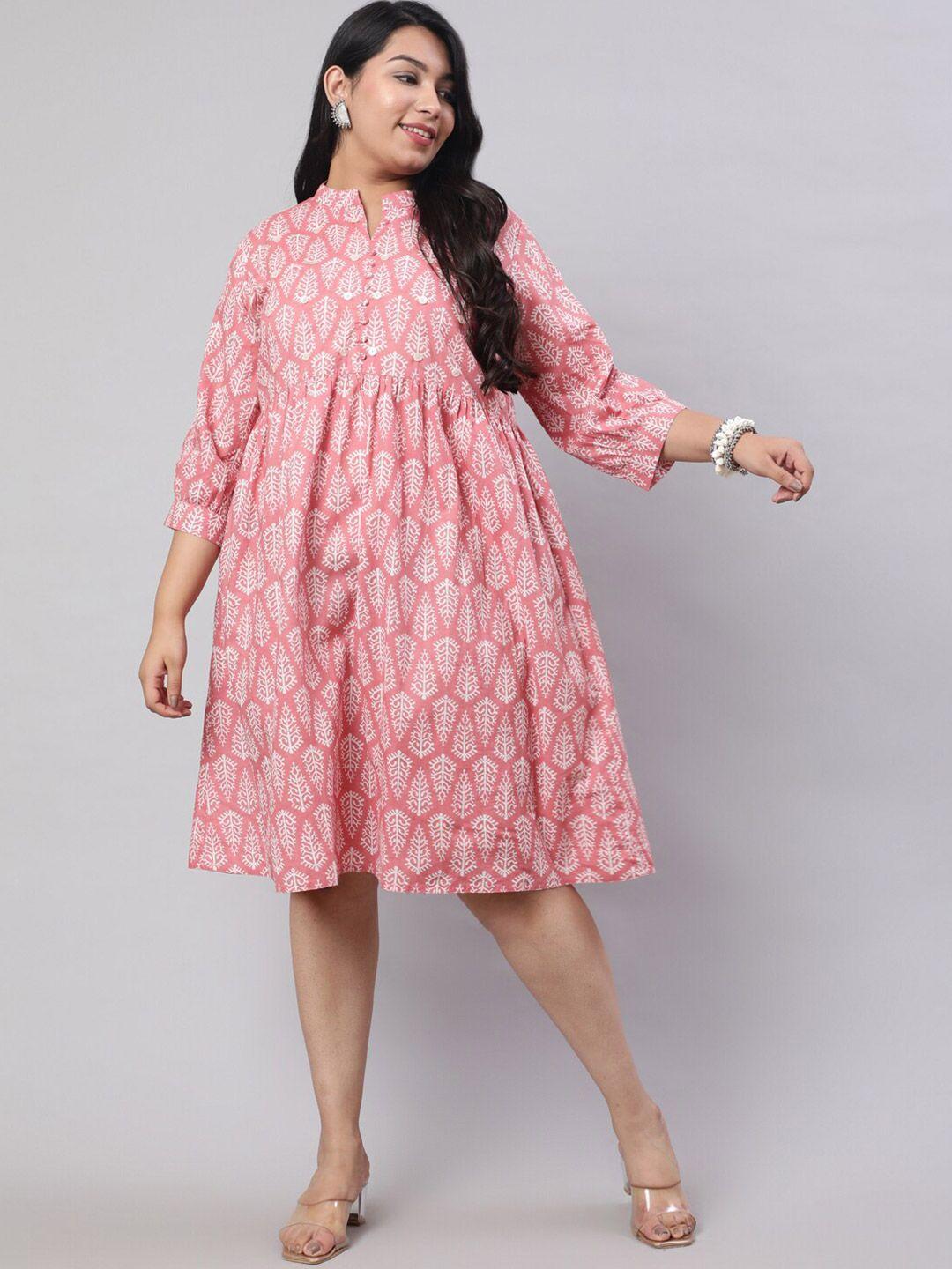 jaipur kurti pink ethnic motifs printed puff sleeve cotton fit & flare dress