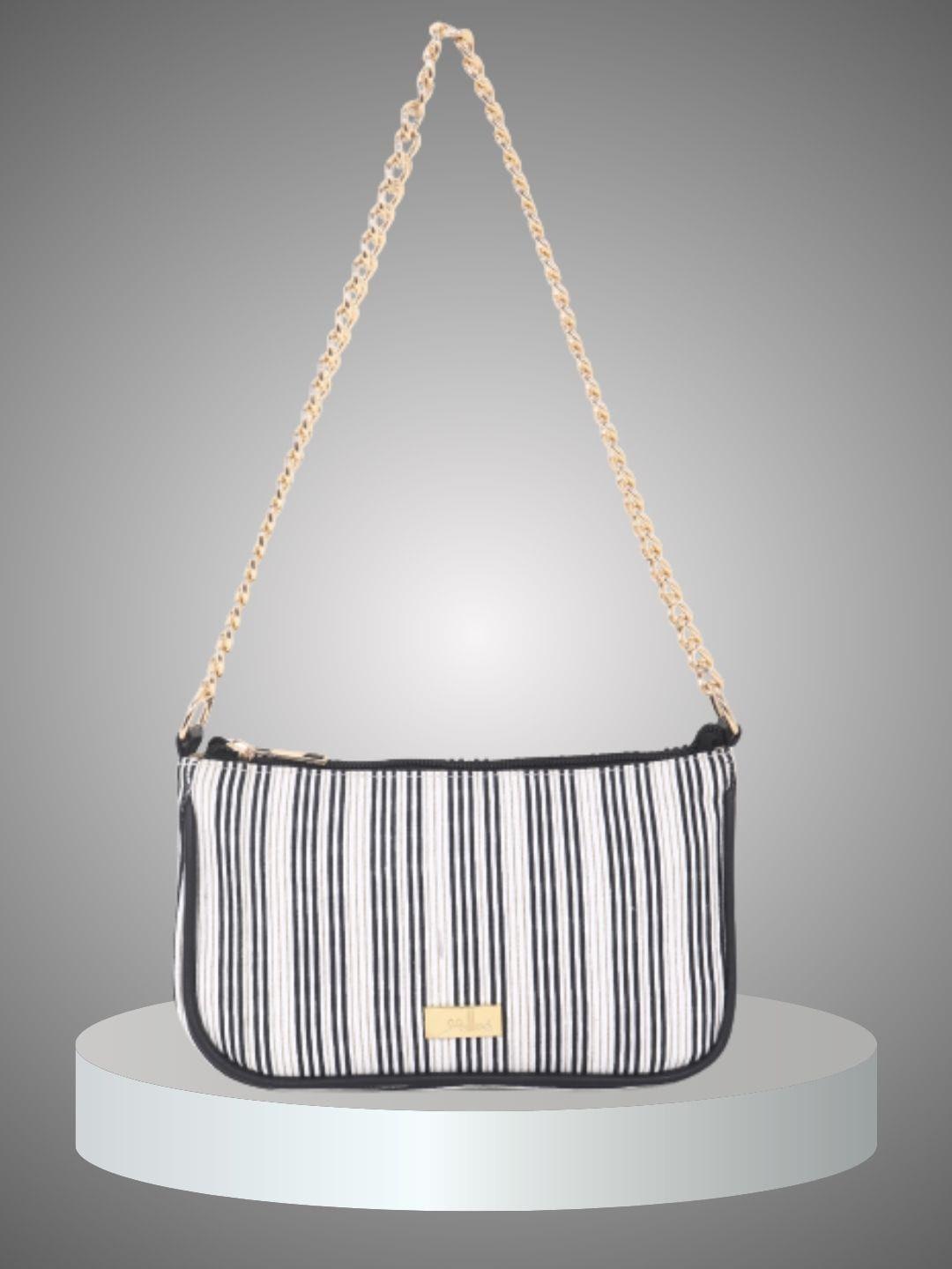 yelloe off white striped structured shoulder bag with tasselled