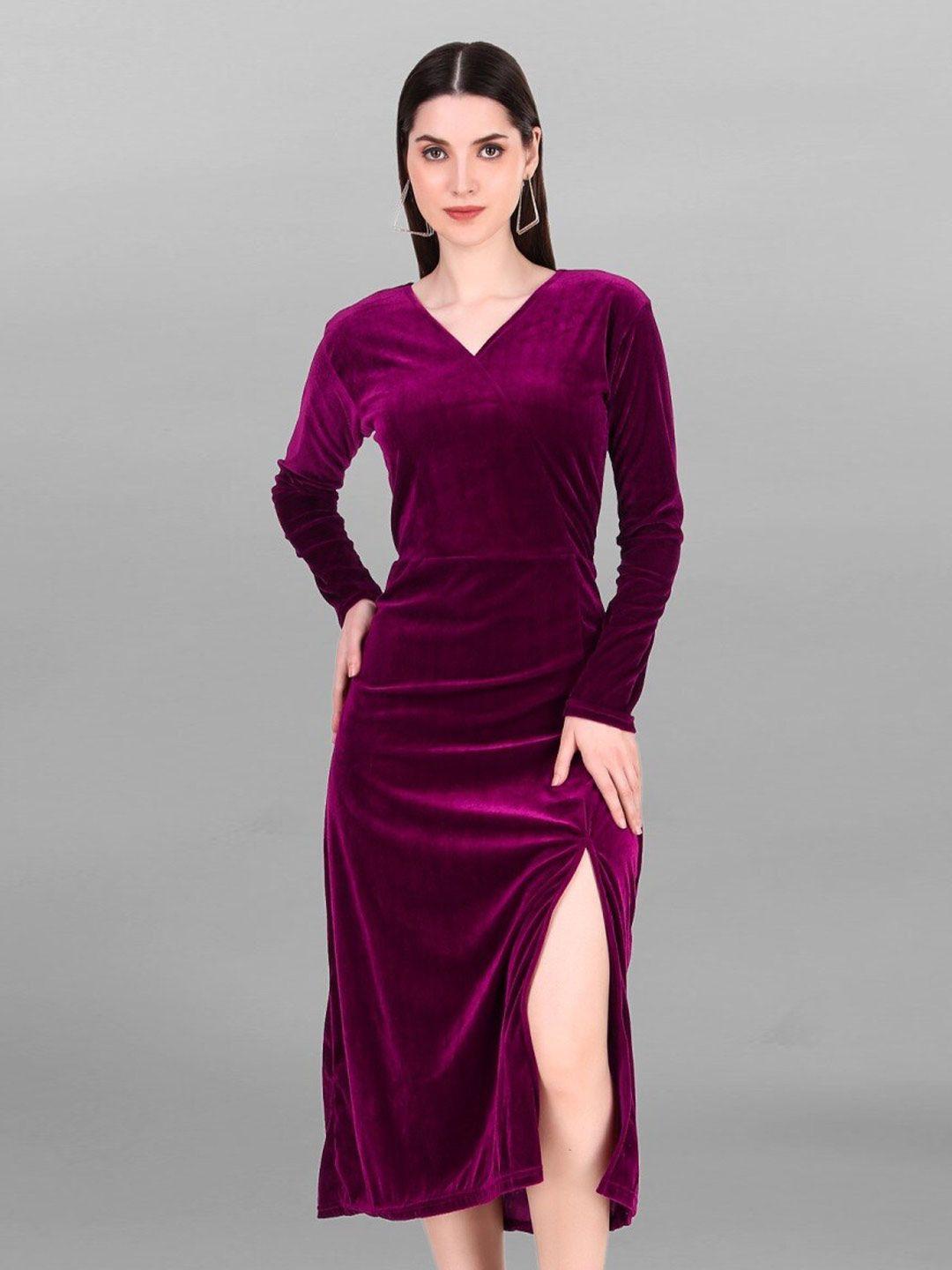 apnisha purple velvet sheath midi dress