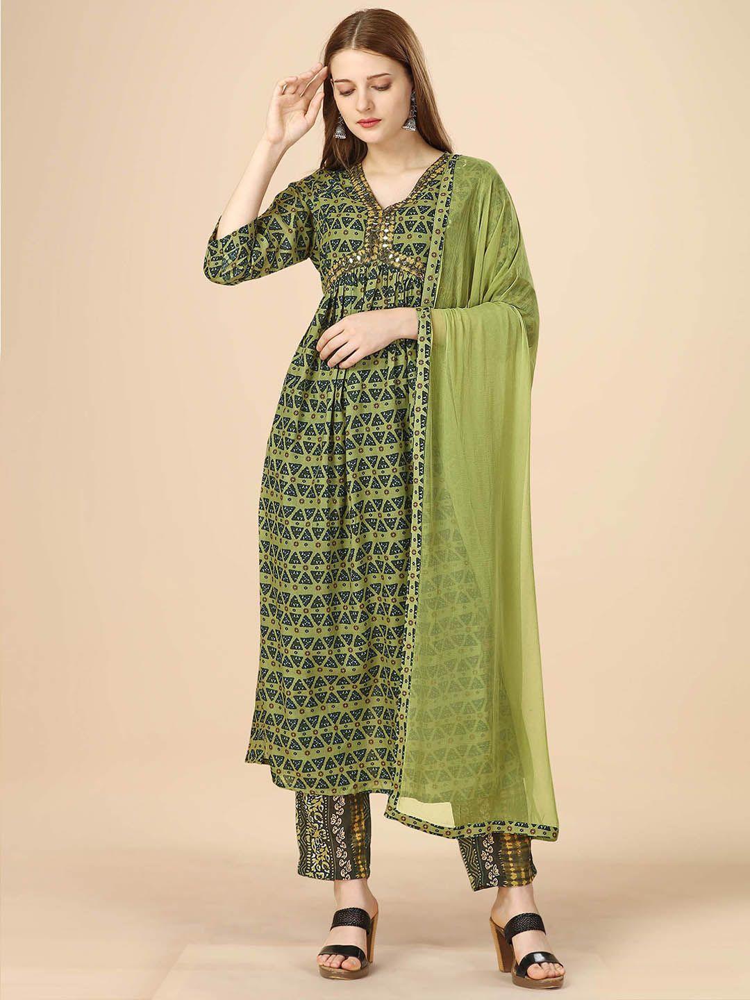 heemara geometric printed empire kurta & trousers with dupatta