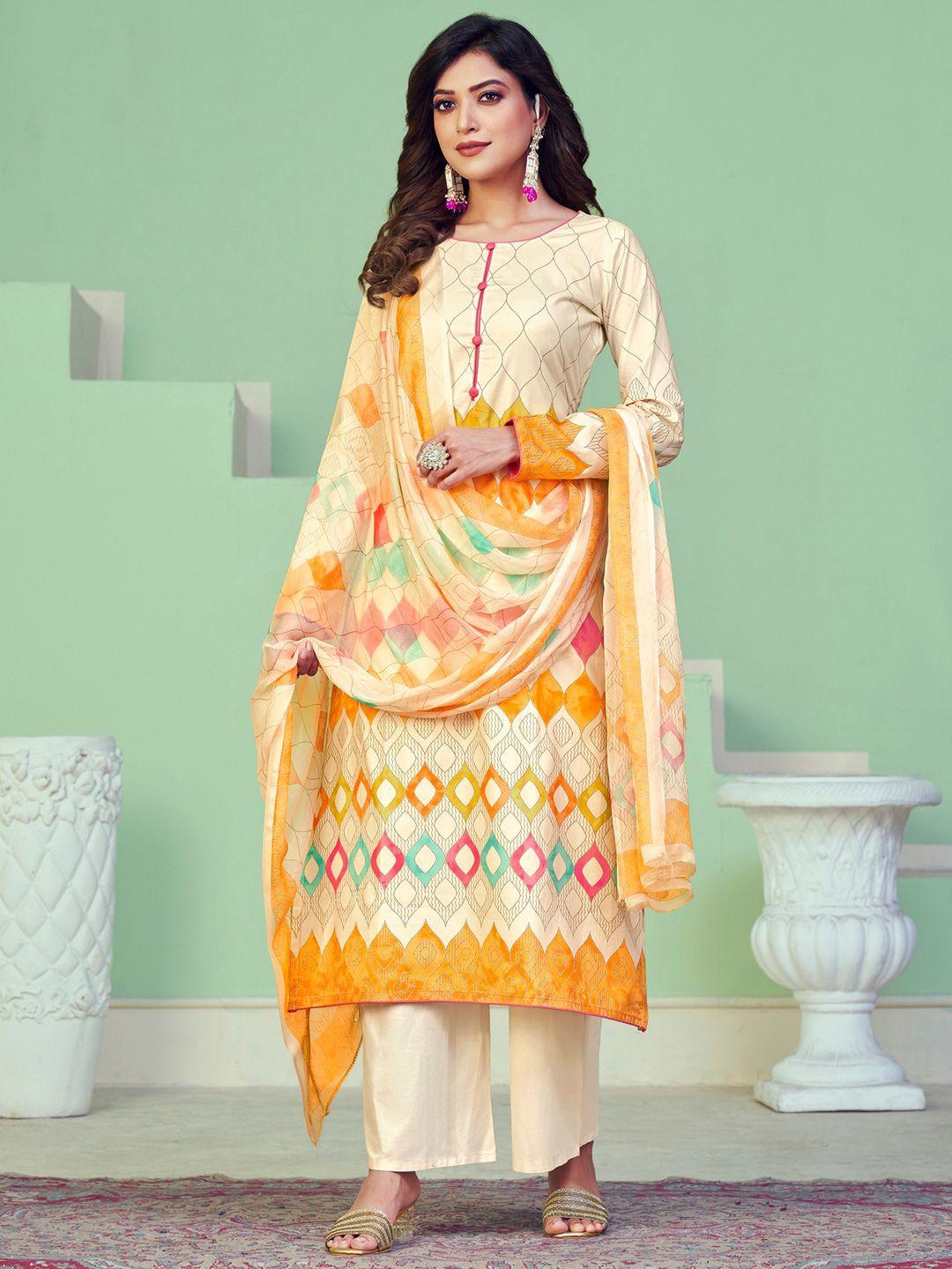 stylee lifestyle cream-coloured & orange printed pure cotton unstitched dress material