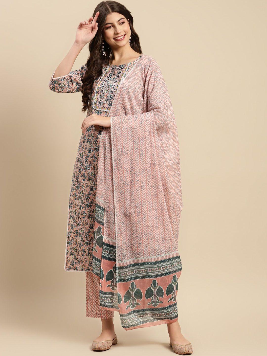 sangria floral-printed pure-cotton straight kurta with trouser & dupatta