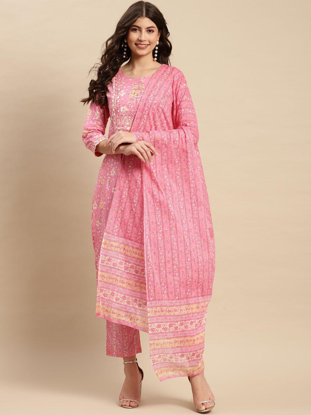 sangria embroidered pure-cotton straight kurta with trouser & dupatta