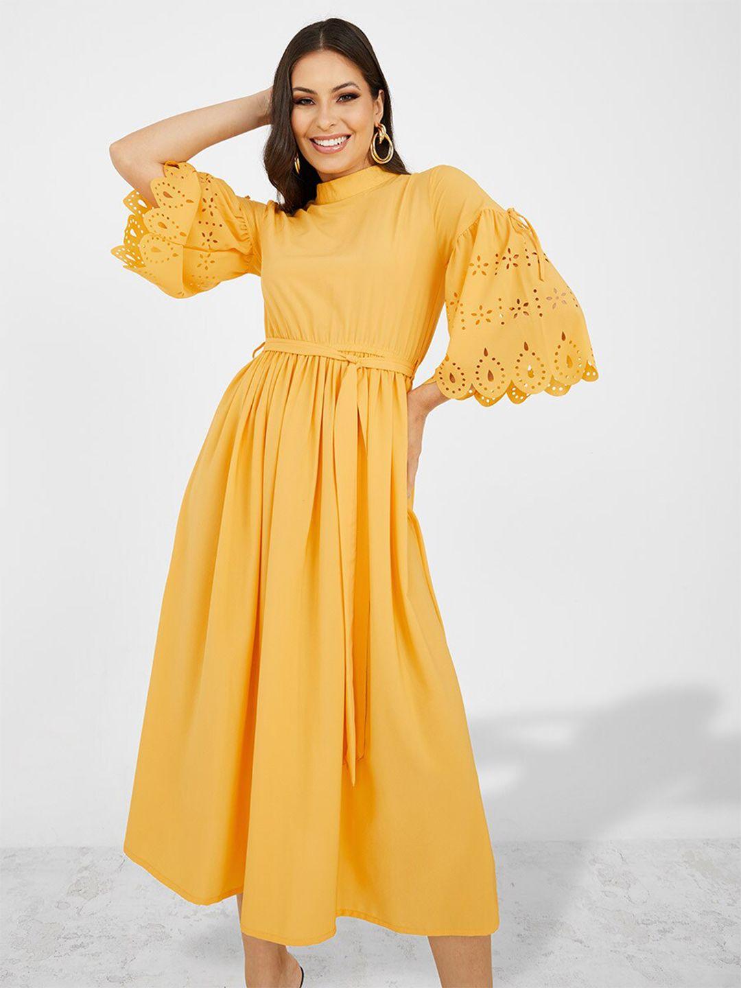 styli yellow bell sleeve fit & flare midi dress