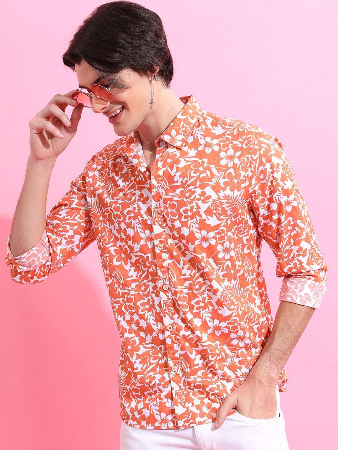 highlander orange & white slim fit floral printed cotton casual shirt