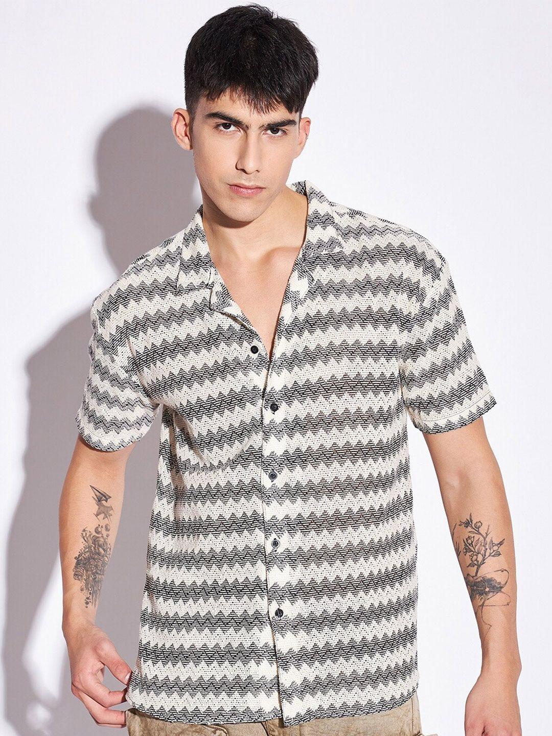 fugazee black relaxed boxy self design casual knitted shirt