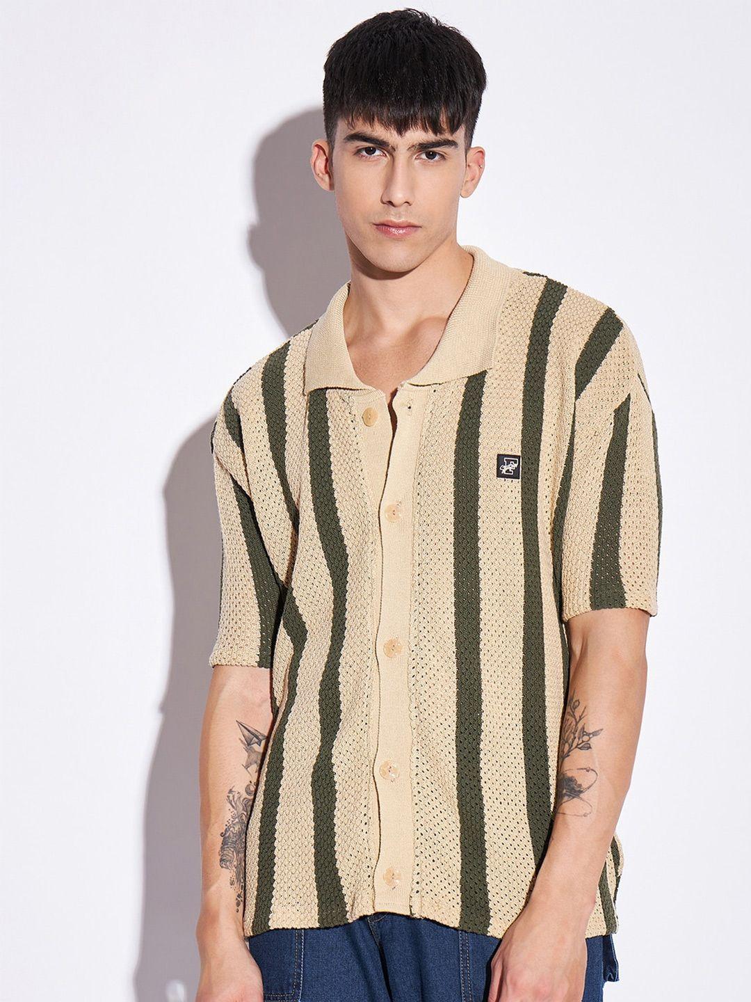 fugazee men beige relaxed boxy semi sheer self design casual knitted shirt