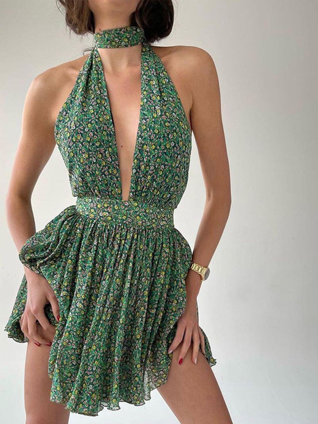 bostreet green & yellow colour floral printed tie up neck gathered fit & flare dress