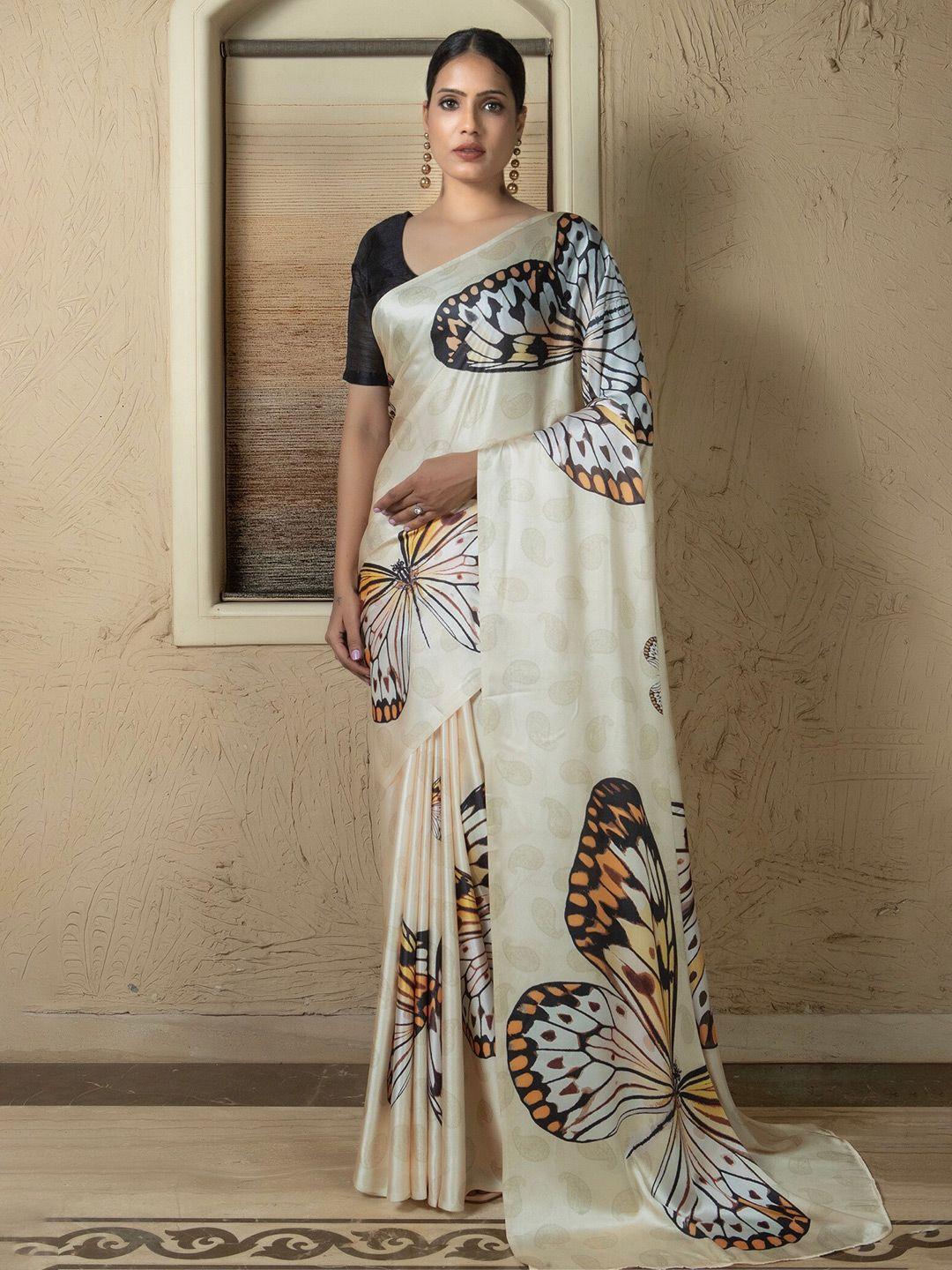 anouk cream-coloured & black satin saree