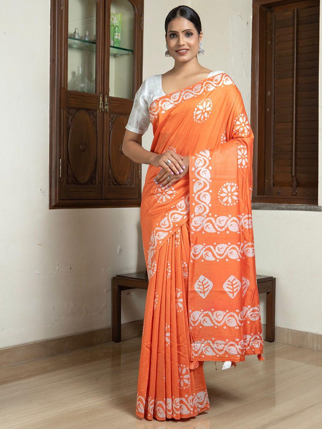 anouk orange & white ethnic motifs saree