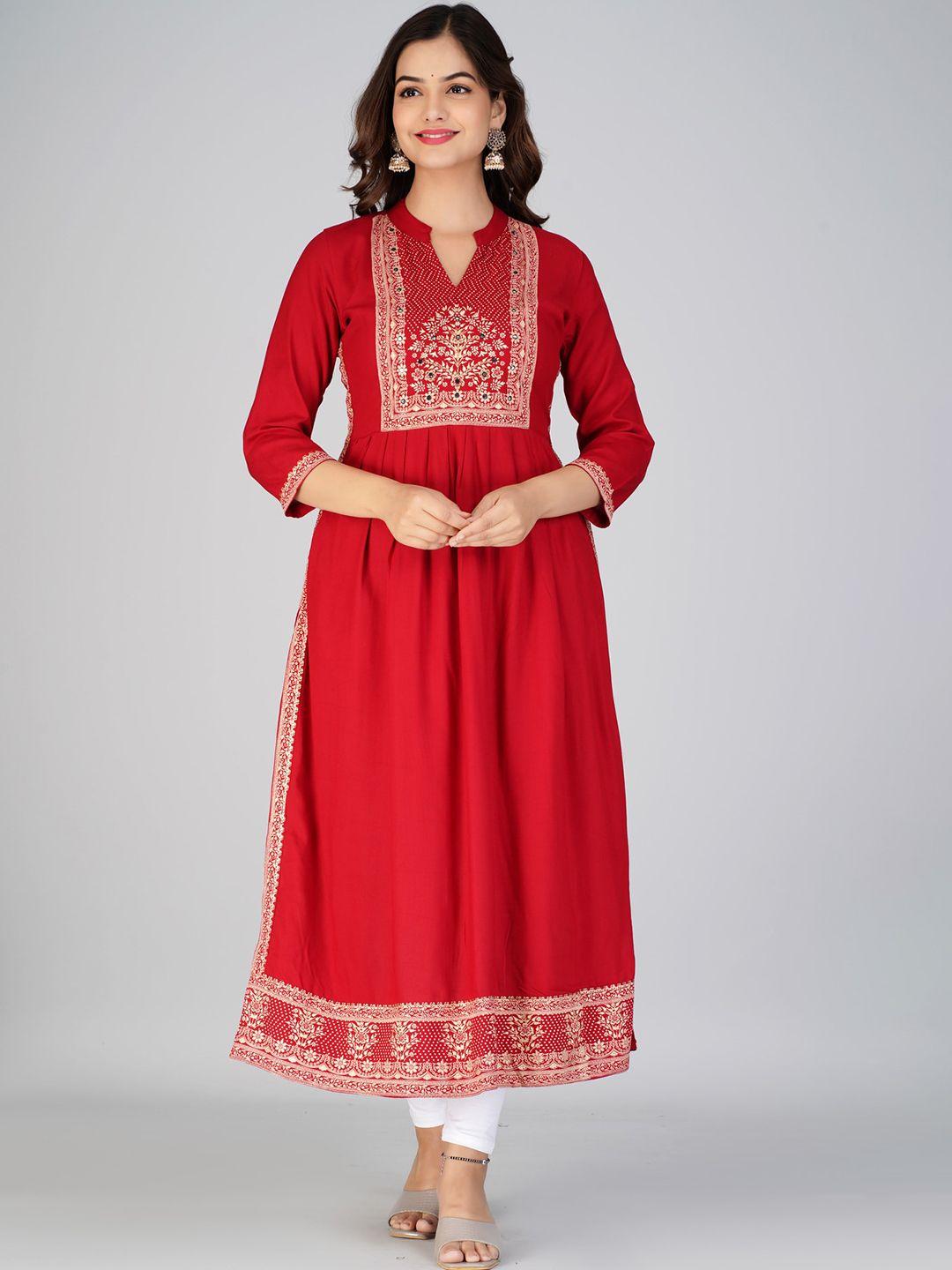 saabhi women red ethnic motifs yoke design mirror work anarkali kurta