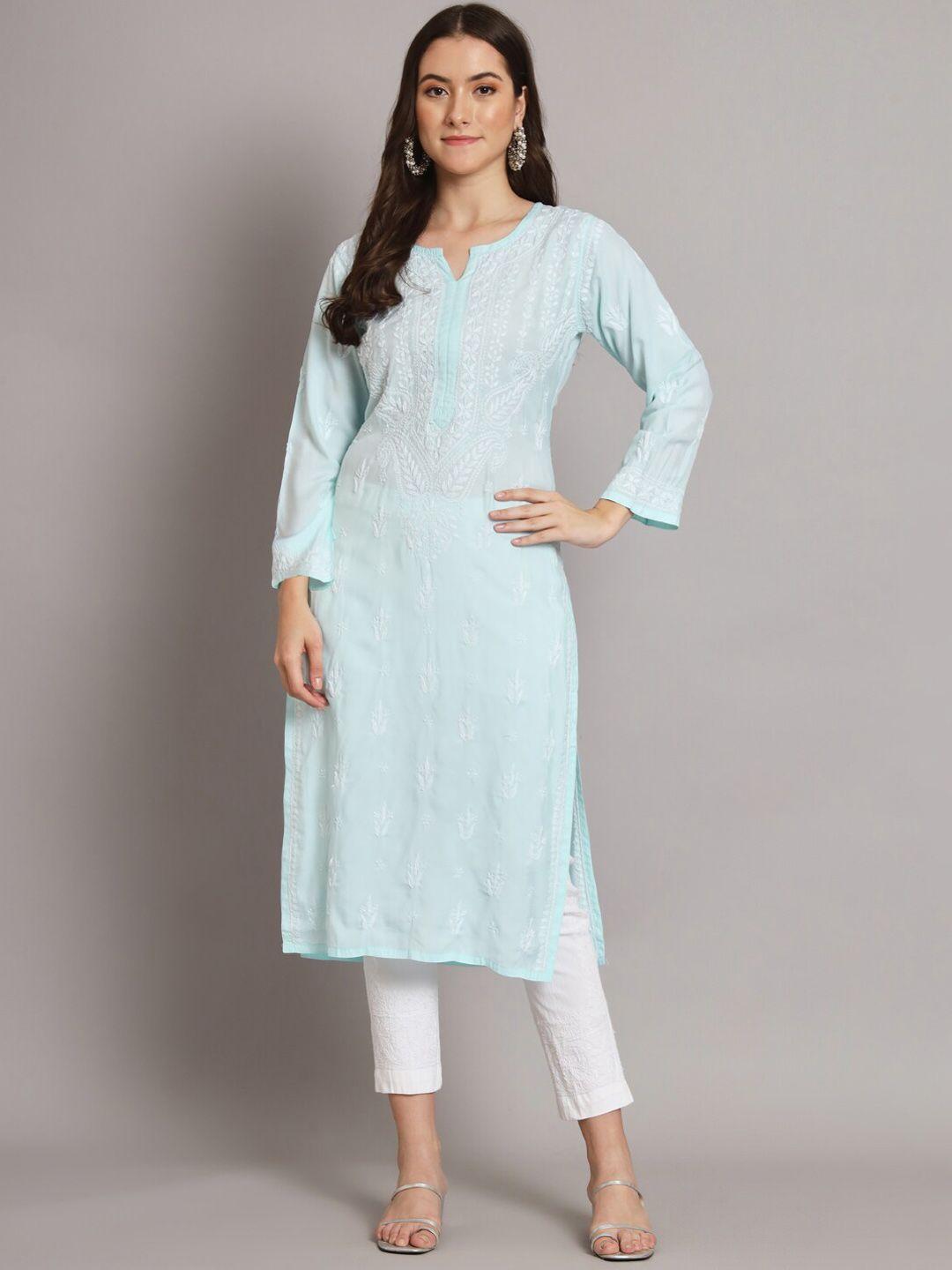 paramount chikan women blue geometric embroidered flared sleeves chikankari floral kurta