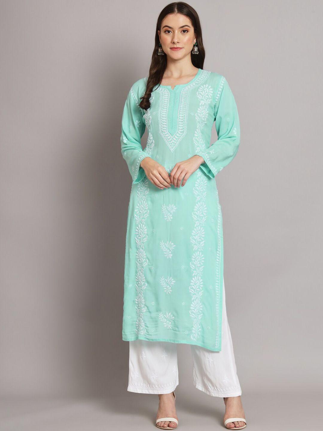 paramount chikan women sea green embroidered keyhole neck chikankari floral kurta