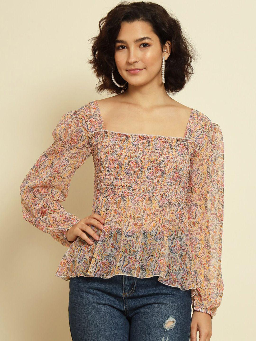 trend arrest beige floral print georgette styled back top