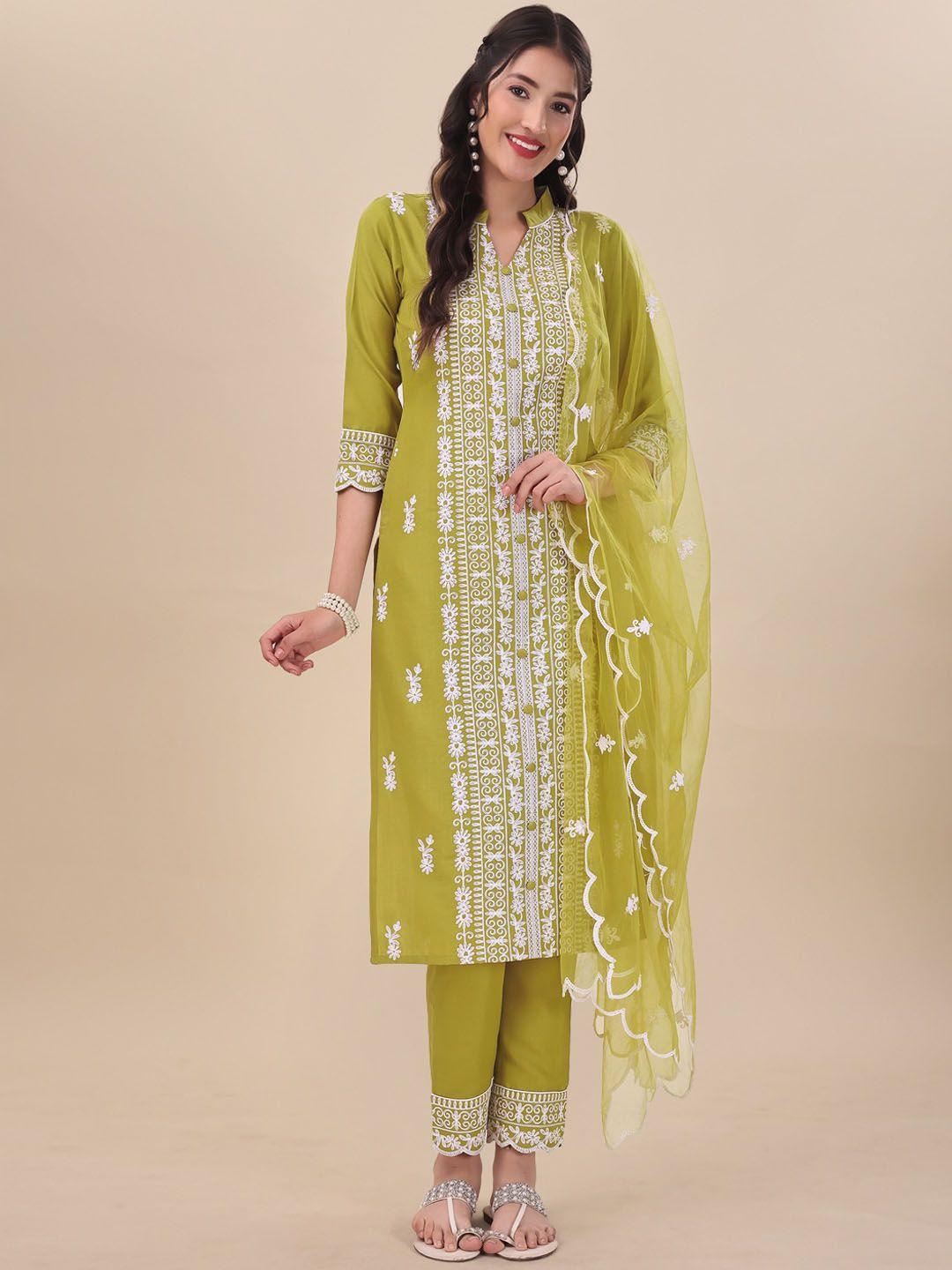 inddus green floral embroidered thread work straight kurta & trousers with dupatta