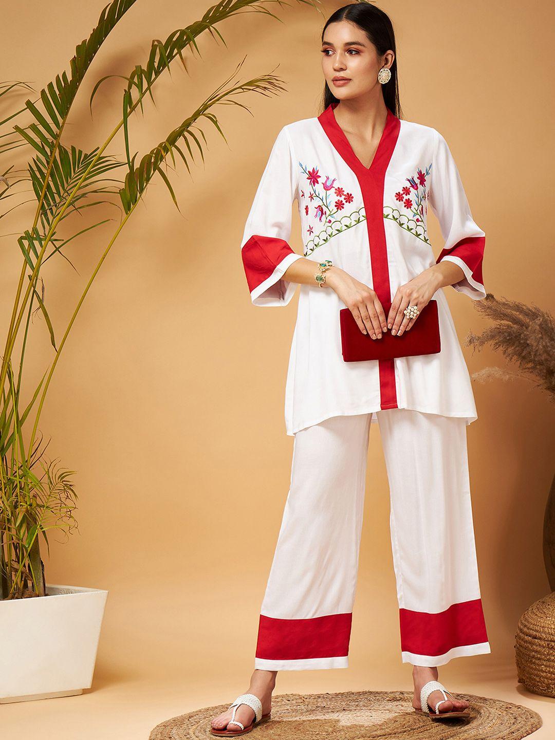 shae by sassafras white & red floral embroidered kurti with palazzos