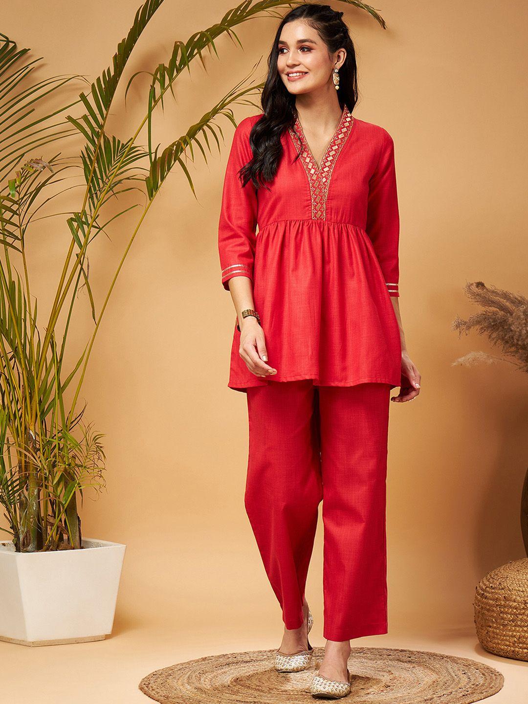 shae by sassafras red embellished gathered tunic with palazzos