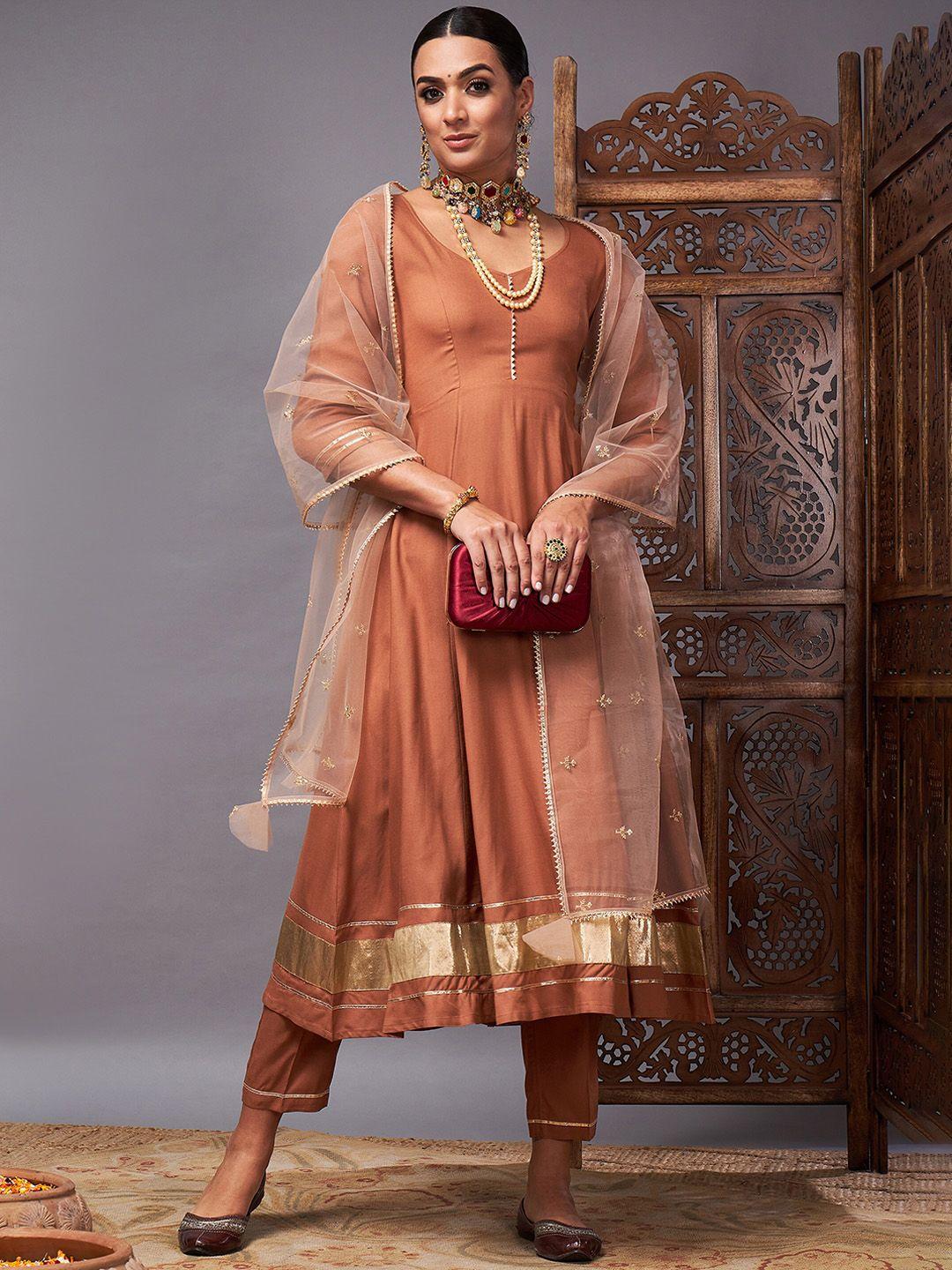 shae by sassafras brown empire gotta pattai anarkali kurta with trousers & with dupatta