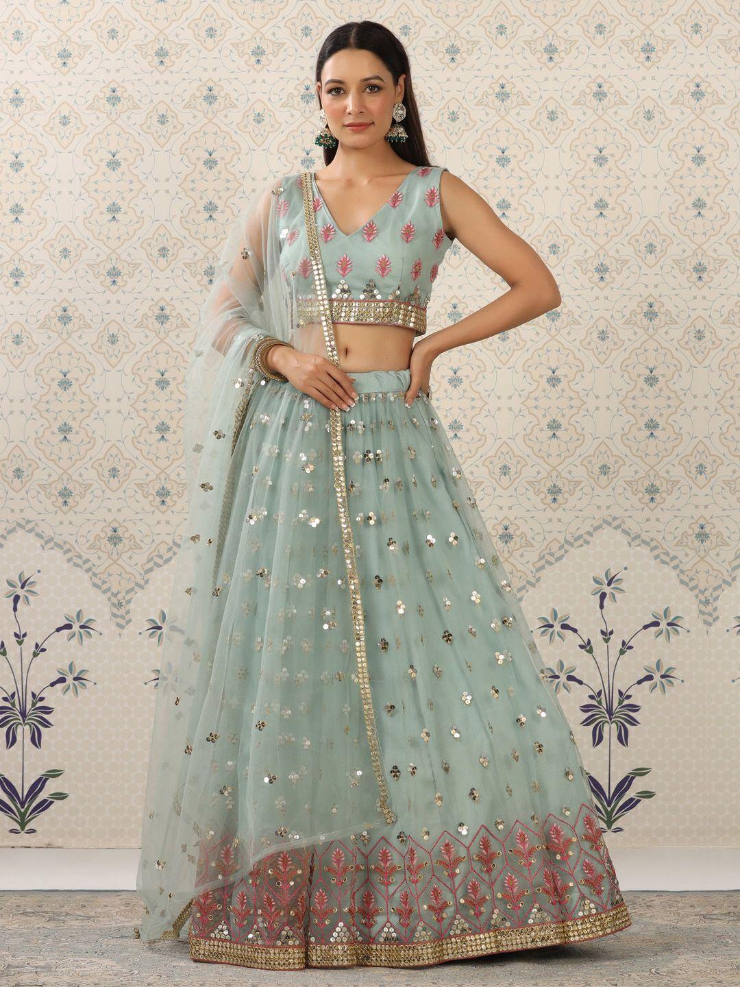 ode by house of pataudi grey & pink embroidered sequinned semi-stitched lehenga & unstitched blouse with