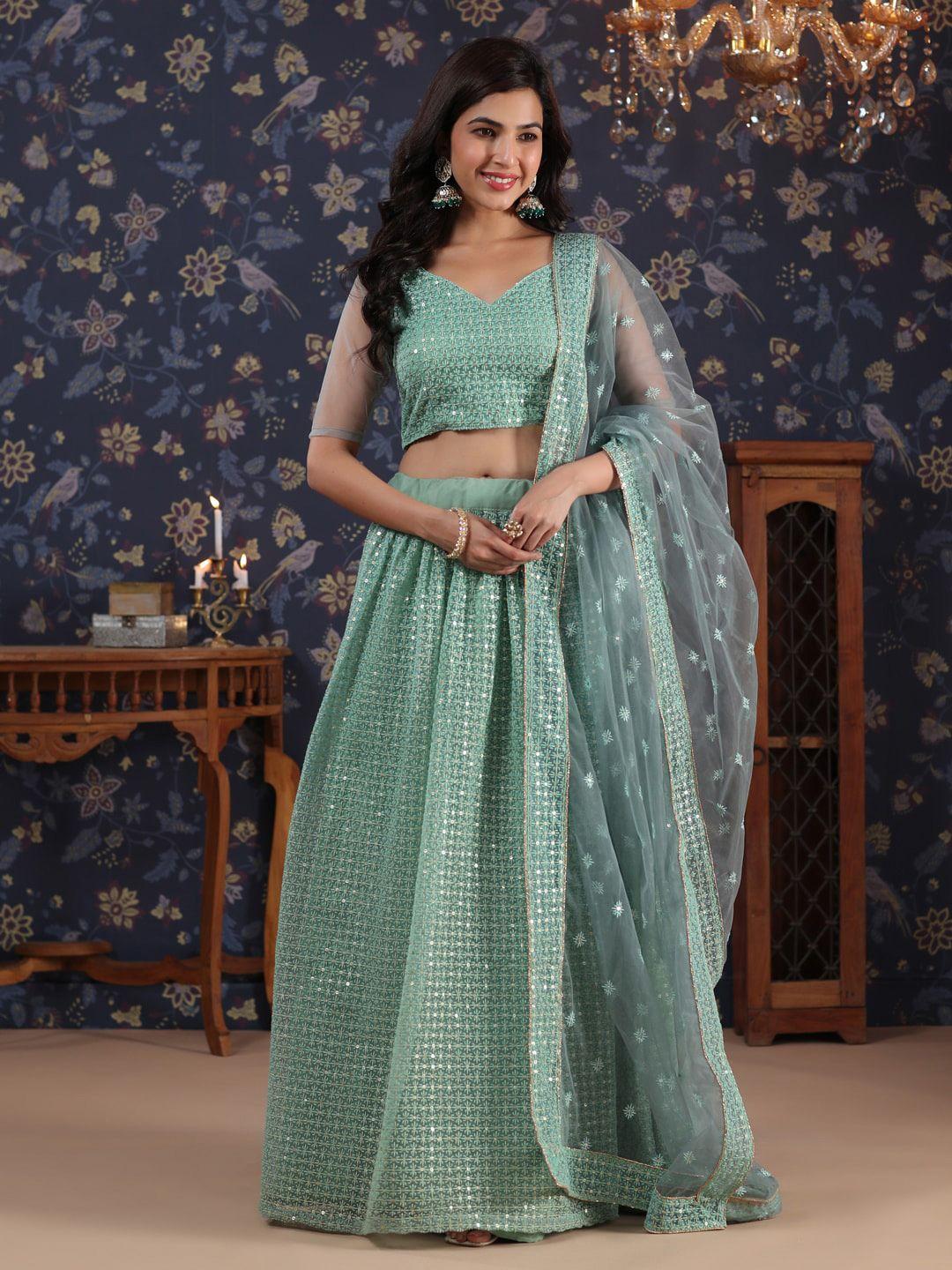 ode by house of pataudi green & silver-toned semi-stitched lehenga & unstitched blouse