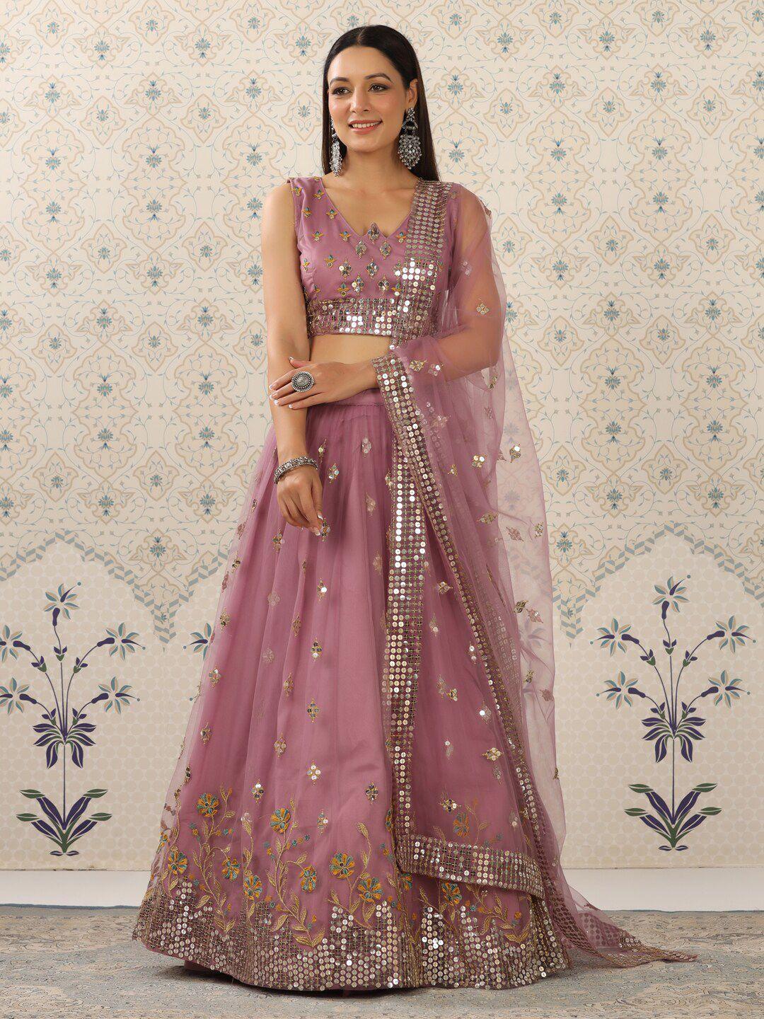 ode by house of pataudi peach-coloured & blue embellished sequinned semi-stitched lehenga & unstitched