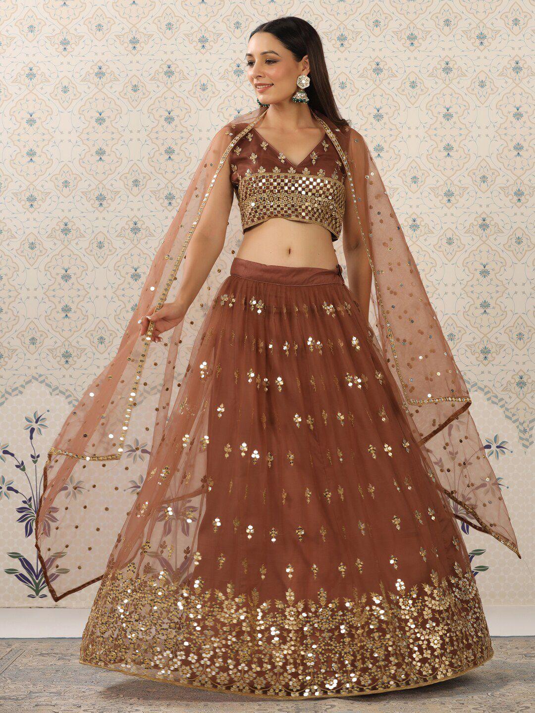 ode by house of pataudi burgundy & gold-toned embroidered sequinned semi-stitched lehenga & unstitched