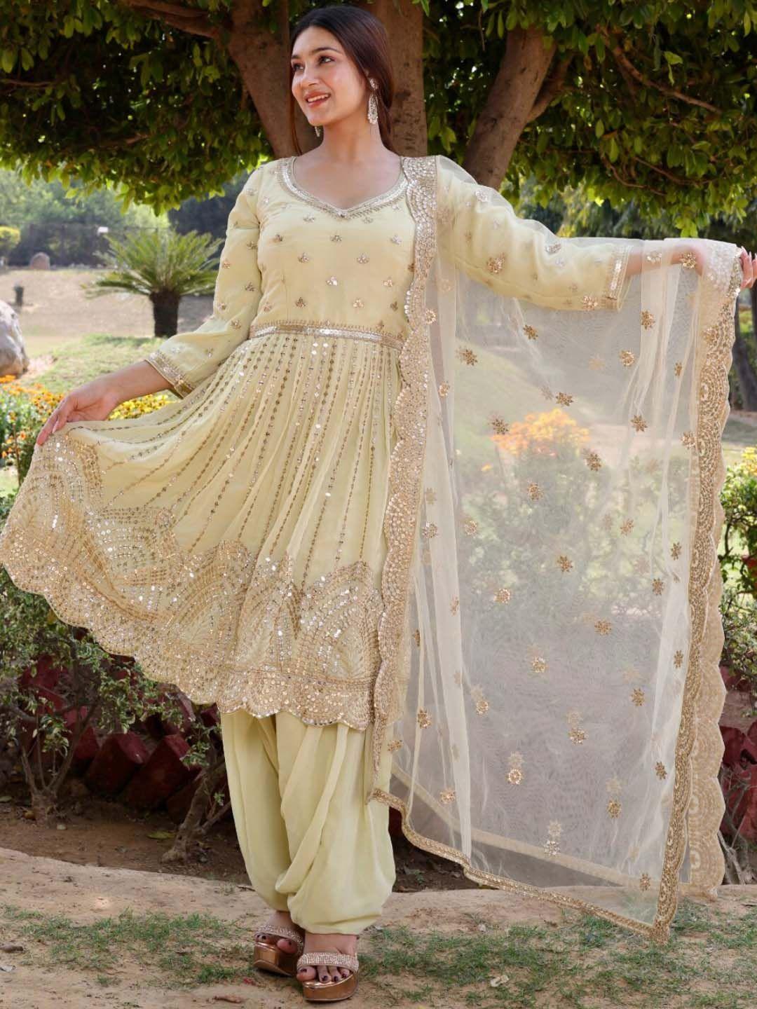 chhabra 555 beige embroidered gota patti georgette kurta with patiala & dupatta