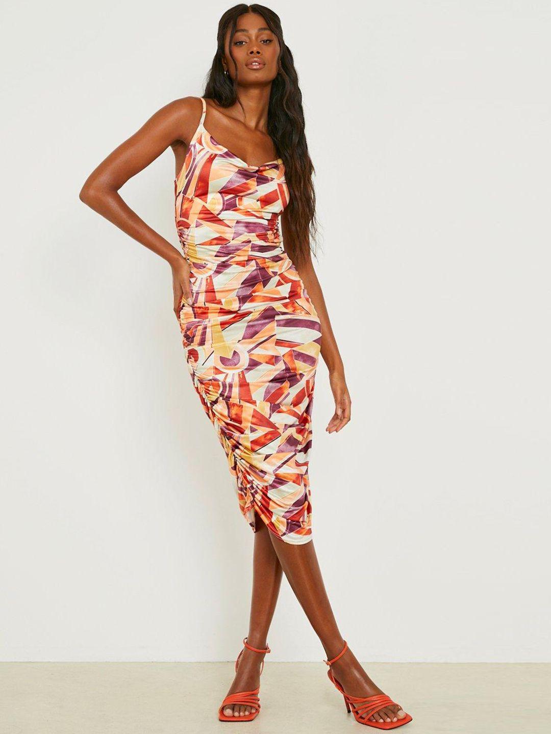 boohoo asbtract printed ruched bodycon midi dress