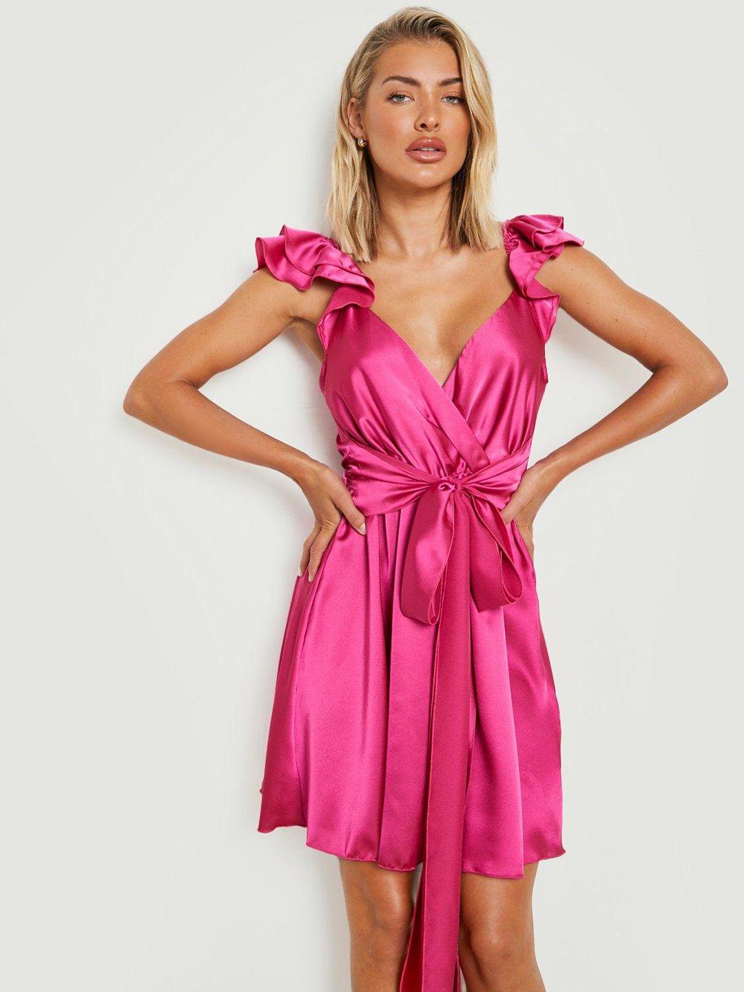 boohoo ruffled satin wrap dress