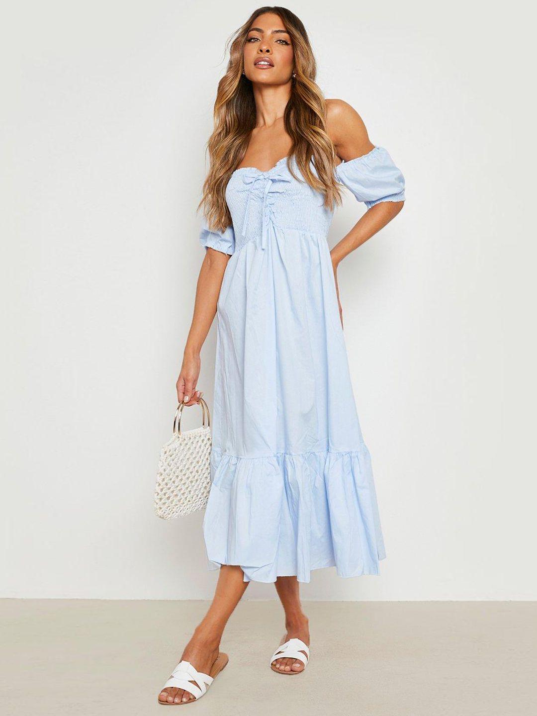 boohoo pure cotton smocked off-shoulder a-line maxi dress